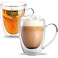 KAZOMO Double Walled Glass Coffee Mugs Set of 2, 12 OZ Clear Glass Insulated Mugs with Handle for Cappuccino, Tea, Latte, Cups, Beverage Glasses Heat Resistant