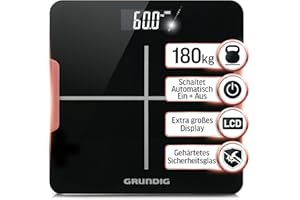 Grundig Personenwaage digital, Körperwaage bis 180 kg mit hochpräzisen Sensoren, Weight Scale, Waage Personen, 5mm gehärtetes Sicherheitslas, LCD-Display mit großen Zahlen, schwarz (ohne Batterien)