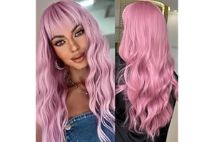 ‎TESTAR testar Pink Wigs For Women Long Natural Wavy Wigs With Bangs Synthetic Hair Heat Resistant For Daily Use