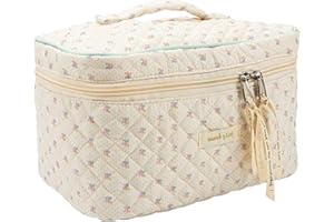 Zouwel Bolsa de maquillaje de algodón con diseño floral acolchado de gran capacidad, bolsa de cosméticos de viaje, bolsa de cosméticos Kawaii, beige, Lindo estilo retro