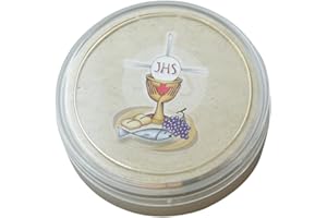 MaMeMi Caja para Rosario y Hostias Ø 6,5 cm – Estuche para Comunión con Kelch e IHS – Guardar Rosario o Hostias – Regalo Primera Comunión Niños y Niñas