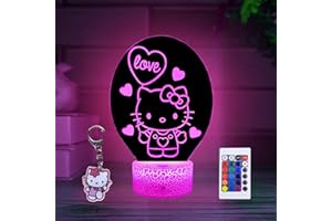 Nocles Kitty Lampara Y Llavero Niñas Regalos Kitty Luz Nocturna Infantil 3d Kitty Luz Led 3d Rgb 16 Colores Con Mando A Distancia y Botón Táctil Lampara Bebe Kawaii Luz Bebe Nocturna