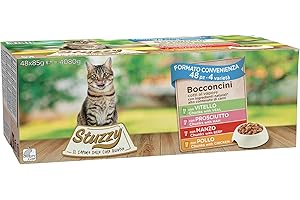 Stuzzy, Mokra karma dla dorosłych kotów, Różne smaki, przekąski w sosie - łącznie 4,08 kg (48 Koperty x 85 gr: 12 Kurczak; 12 Wół; 12 szynka; 12 Cielęcia)