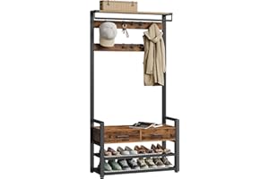 VASAGLE Hall Tree with Bench and Shoe Storage, Hallway Coat Rack with Shoe Bench, 2 Fabric Drawers, 10 Hooks, 30 x 80.4 x 181.6 cm, Vintage Brown and Ink Black HSR429B01