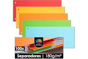 OfficeTree 100x Separadores Archivador 2 Anillas 24x10,5 cm - 5 Colores - Perforadas - 180g - Separadores de Colores Archivador - Escribibles - Separador de Archivadores - Separadores para Archivador