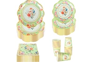 PHUNAT Vintage Party Tableware Set for 30 Guests - Green Floral Paper Plates Napkins & Teacups - Classic British Style Paper Tableware for Garden Afternoon Tea Party, Baby Shower, Birthday, Wedding