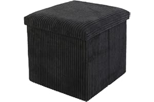 DANIEL JAMES Housewares Folding Ottoman Storage Cube – Compact Padded Footstool Storage Box Chest with Lid for Bedroom, Hallway, Living Room - Corduroy: Black