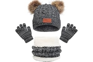 BAYNETIN Kids Winter Beanie Hat Scarf Gloves Set, Thermal Knitted Pom Bobble Hat Scarf Gloves Set with Fleece Lining for Boys and Girls 2-8,Children Winter Warm Accessories Set for Outdoor Sports
