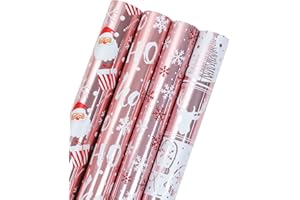 RUSPEPA Rouleau De Papier D'Emballage De Noël - Collection De Vacances Père Noël, Flocons De Neige Et Rennes En Or Rose Avec Feuille Métallique Brillante - 4 Rouleaux - 76 cm X 305 cm Par Rouleau