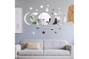 AuGiueam Moon Stars Mirror Wall Stickers - 20 Pieces Bohemian Acrylic Mirror Wall Decals Decorations, DIY Self Adhesive Personalized Decoration for Bathroom Living Room Bedroom