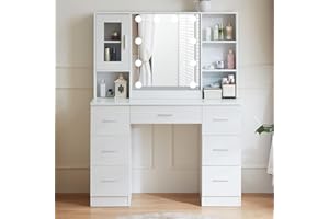 CAULITAR 43" White Dressing Table with Mirror and Light, Large Vanity Desk with 7 Drawer & 6 Shelves,Jewelry Cabinet, Girls Makeup Desk Vanity Table for Women H3344UK