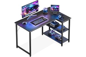 Coleshome Escritorio Gaming, 100x70cm Escritorio Esquinero con Estante de Almacenamiento Reversible, Mesa Escritorios Que Ahorra Espacio, Adecuado para Escritorios de PC en Rincones Familiares, Negro