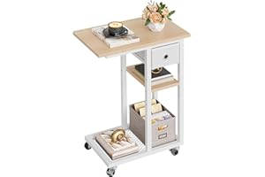‎YITAHOME YITAHOME Beistelltisch, C-Form Sofatisch mit Rollen und Schublade，Wohnzimmertisch für Kaffee und Laptop，für Wohnzimmer, Schlafzimmer，50 x 30 x 67cm, Eiche