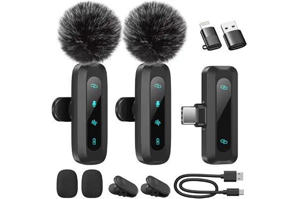 WARM BOX Micrófono Lavalier inalámbrico para iPhone, iPad, teléfono Android, Paquete de 2 Mini micrófonos con reducción de Ruido (2EN1)