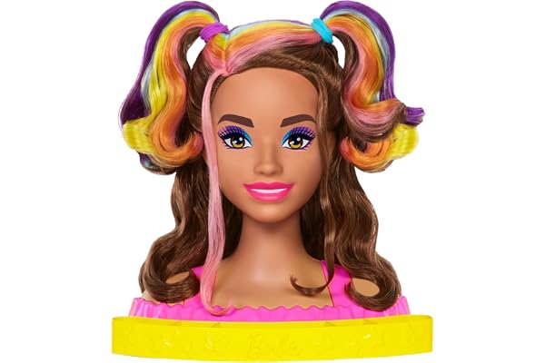 Barbie Ultra Chevelure Tête À Coiffer, Cheveux Bruns Ondulés avec Mèches Arc-en-Ciel, Accessoires Color Reveal Jouet Enfant, Dès 3 Ans, HMD80