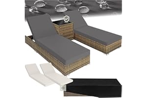 TecTake® Set 2 x Lettino Alluminio, Poly Rattan, Lettini Prendisole, Lettini da Giardino, Tavolo Giardino, Sdraio Prendisole, Sedia, Involucro Protettivo, 2 Federe - Naturale