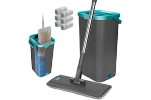 Masthome Juego de fregona con Cubo, fregona con 6 Almohadillas de Microfibra y Mango de Acero Inoxidable de 140 cm, Cubo de Limpieza con fregona para Madera Dura, mármol, Azulejos, Limpieza de Suelos
