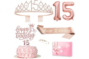 ‎MURISE 15 Geburtstag Mädchen Deko, 15. Geburtstagskrone und Schärpe, Happy Birthday Tortendeko und Kerzen, Roségold Folienballon 15, Geburtstagsgeschenk für 15 Jahre Mädchen Party Deko Supplies