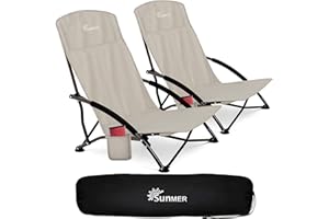 SUNMER Set of 2 Folding Beach Chair with Side Pocket & Carry Bag - Foldable Low Camping Chair, Compact, Lightweight, Portable, 120kg Capacity - Grey