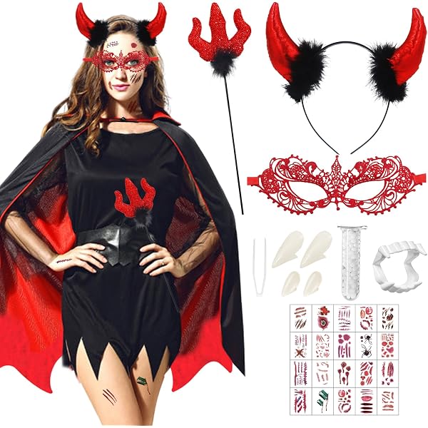 Aragallant Damen Teufel Kostüm Set – Roter Umhang Mit Dreizack, Spitzen-Accessoires Für Halloween & Karneval