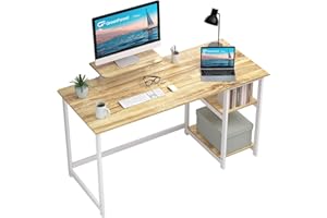 GreenForest Scrivania da Ufficio e Gaming con Supporto per Monitor, Tavolo per computer da Casa da 140 cm con Scaffle Reversibili, Scrivania da Studio per Piccoli Spazi, Beige