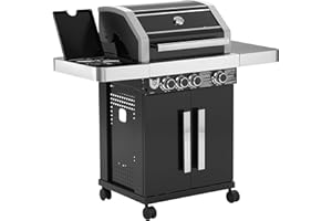 Gasgrill BBQ CHIEF 6.0-3 Edelstahl Brenner, Seitenbrenner, 10,5 kW, Gusseisen Grillrost, Deckel, Thermometer, Rollen, Schwarz - Grill, Grillwagen, Grillstation für Camping, Balkon, Garten
