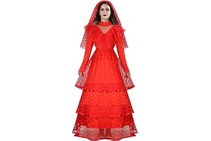 LIKUNGOU Disfraz de Novia Lydia para Mujer, Vestido Rojo de Encaje Gótico con Velo Nupcial Halloween Traje de Cosplay