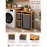 Bambu &Ccedil;er&ccedil;eveli 3 B&ouml;lmeli &Ccedil;amaşır Sepeti, Raflı, Gri Kumaş Torbalı 70X50cm Yer Kaplamaz Yıkanabilir Kumaş Organik Sağlam Tasa