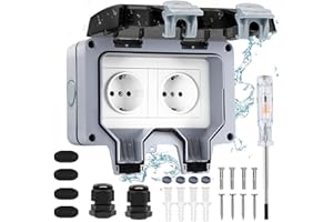 Lunriwis Aussensteckdose Wasserdicht Aufputz IP66 Gartensteckdose, Außensteckdose Wasserdicht 2 Fach, Wandsteckdose mit Klappdeckel zum Schutz der Kontakte, für Feuchträume, Gärten, Außenbereiche