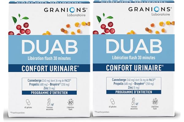 GRANIONS | Duab | Inconfort urinaire et Bien-Être Féminin | Canneberge, Propolis, Zinc | Formule Brevetée | Marque Française | 2x60 gélules