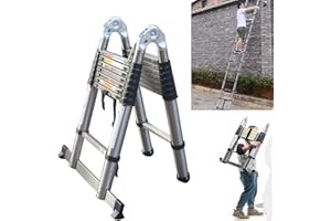 7SEVENJOKERS 5M (2.5m+2.5m) Extension Ladders A-Frame & Straight Multi-Purpose Extendable Steps Ladder, Telescopic Ladder Foldable Stainless Steel Tall Lofter Ladder for Indoor Outdoor Work, Max Load 150kg, EN131
