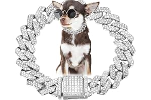 HOTLION Silver Dog Chain, Diamond Cuba Link Dog Collar Metal Dog Necklace Cat Chains Pet Crystal Collars Jewelry for Small Medium Large Dogs Cats, 14-inch