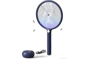AROEVE Racchetta Zanzare Elettrica, 2-in-1 Racchetta Zanzare, 4000V, Base di Ricarica USB, Batteria Ricaricabile da 1200mAh, Modalità di Attrazione Auto, Luce LED, Protezione a 3 Strati,Blu