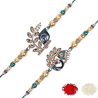 Riddhika Ventures Stylish Blue Peacock Feather and Royal Blue Peacock Kundan Rakhi (Set of 2) with Roli Chawal and…