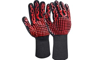 Lichi 2 Pcs BBQ Mitts, Heat Resistant High Temperature 800℃/1472℉ Flame Retardant Fireproof Barbecue Heat Insulation Silicone Microwave Oven Gloves - Red