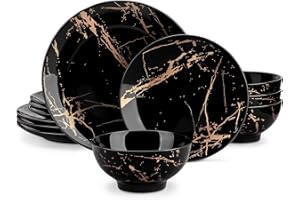 LOVECASA 12 Piece Porcelain Dinner Set for 4 People Black and Gold Dishwasher and Microwave Safe