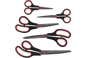 KUONIIY Ciseaux,Lame Recouverte de Titane Ultra-tranchante, Manche Douce et Confortable, Ciseaux à Multi-usages, Lot de 5 Paires, Noir Rouge