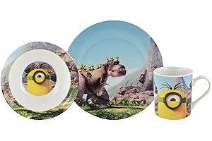 Minions Zestaw śniadaniowy Urzeit Minionki i dinozaury / 3 zestawy talerzy, miska i kubek z porcelany