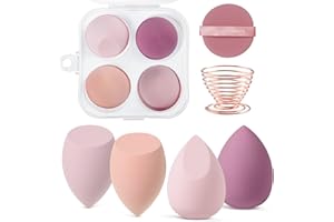 AUAUY Zestaw gąbek do makijażu, 4 profesjonalne blendery do podkładu kosmetycznego z 1 uchwytem na gąbkę, 1 gąbeczką do pudru, wielokolorowe, do kremu, płynu i pudru, 6 szt.