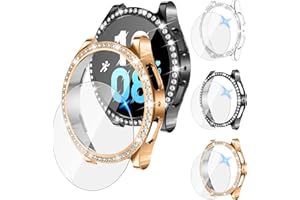 [3+3Pack] Kamita Diamond Case for Samsung Galaxy Watch 5/Watch 4 40mm, Bling Cover Tempered Glass Protective Film and Hard PC Bumper Cover Set for Galaxy Watch5/Watch4 (Transparent+Black+Rose Gold)