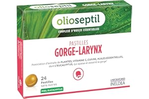 OLIOSEPTIL® - Pastilles à Sucer Gorge-Larynx - Apaise et Assainit la Gorge - Sans Sucres Ajoutés - Extraits de Plantes, Vitamine C, Cuivre et Huiles Essentielles - 24 Pastilles – Gout Miel eucalyptus