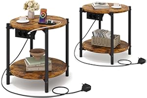 ‎IRONCK IRONCK Rund Nachttisch 2er Set, Beistelltisch mit Steckdose, USB-C-Anschluss, Kleiner Tisch Holz & Metall, Sofatisch Wohnzimmertisch Couchtisch 2 Ablage für Schlafzimmer (Vintagebraun, 2 Stücke)