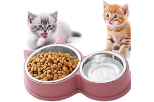 KATLKIU Set Doppia Ciotola per Gatti in Acciaio Inox, Base Antiscivolo, Lavabile in Lavastoviglie – Per Cibo Secco e Umido, Design Carino a Forma di Gatto, Colori Vivaci Assortiti (Rosa)