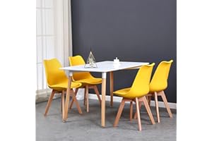 HJhomeheart Set da Pranzo con Tavolo e Sedie, Tavolo Rettangolare e 4 Sedie da Cucina in Stile Scandinavo, per Sala da Pranzo, Cucina, Soggiorno, Bianco+giallo