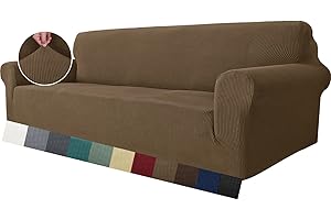 MAXIJIN Super Stretch Couch Bezug für 3-Sitzer Couch, 1-teilige Universal-Sofabezüge Wohnzimmer Jacquard Spandex Möbelschutz Hunde Haustierfreundliche Couch Schonbezug (3 Sitzer, Braun)