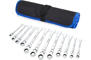 SORAKO Ratchet Spanner Set 12pcs, Flexible Combination Wrench 8-19 mm, Flex-Head Spanner Sets Combination Spanner in Roll Bag for Car Repairing, Industrial Maintenance, SRW12H2, Chrome