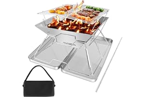VONLUX Foldable Fire Pit Grill Portable Fire Pit, Collapsible Camping Campfire Grill Set with Iron Box & Carrying Bag, Stainless Steel Folding Rack for BBQ Picnic Patio