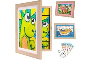 TaoAcc Marco Dibujos Infantiles, A4 Marco de Fotos para Niños, Apertura Frontal Marcos Infantiles, Cambiar Hasta 50-150 Hojas, 36x28cm, Marco para Dibujos Niños para Exhibición, (Madera)