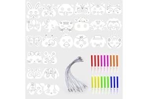 CQQNIU 24 masques et 3 ensembles de 6 stylos de couleur, masques vierges à colorier, masques d'animaux pour enfants avec cordes élastiques, masques d'animaux, activités artisanales pour enfants