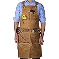 Waxed Canvas Shop Apron for Men & Women.Woodworking Aprons Heavy Duty Work Apron with Pockets. Big Bulk Tool Apron with Adjustable Cross-Back Strap.Adjustable S to XXL (Brown)